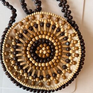 Round Beaded Crossbody Bag in Natural Brown Tones